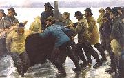 Fishermen setting a rowing boat ashore Michael Ancher